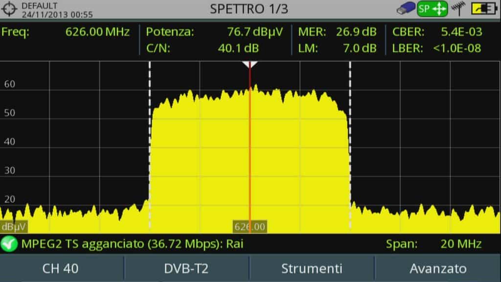 Canale E40, DVBT2, modulazione 256QAM, bitrate totale 36,7 Mbits